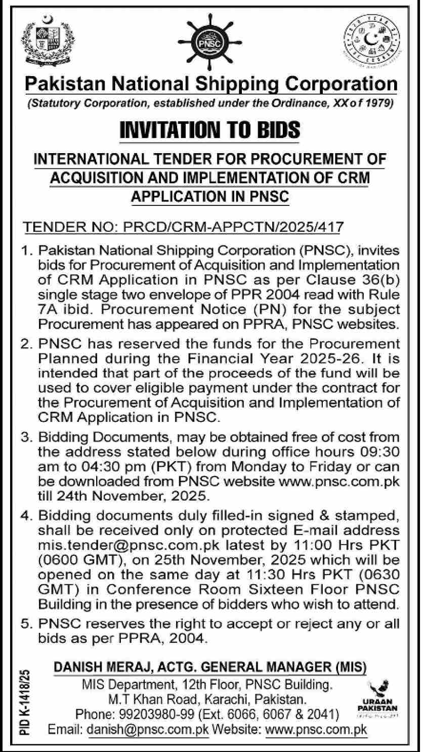 Pakistan National Shipping Corporation Karachi Tender Notice
